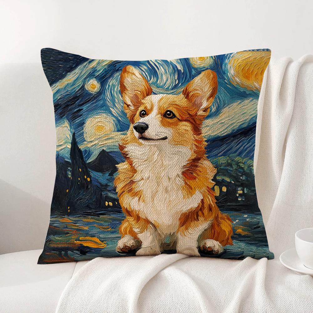 Catoon Starry Sky Dog Cushion Cover Natural Linen Organic Fabric DoubleSided Printing Sofa Home Decor Breathable Bed Pillow