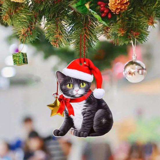 Christmas Cat Ornament Cartoon Cat with Santa Hat Pendant 2D Flat Acrylic Christmas Tree Hanging Decoration for Holiday Home Decor