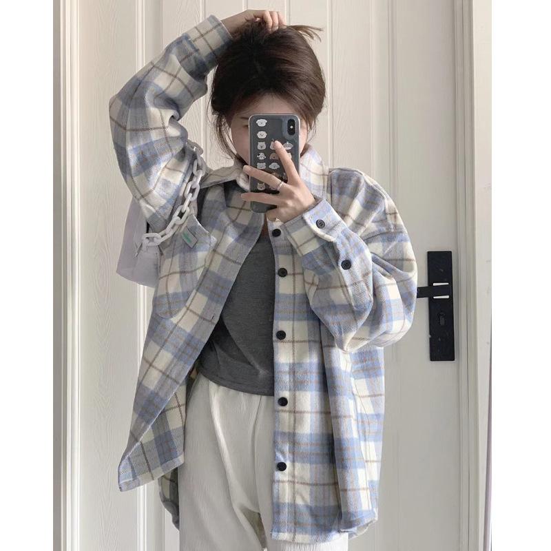 1116 new plaid shirt women's French long-sleeved top design sense niche lazy jacket shirt spring and autumn