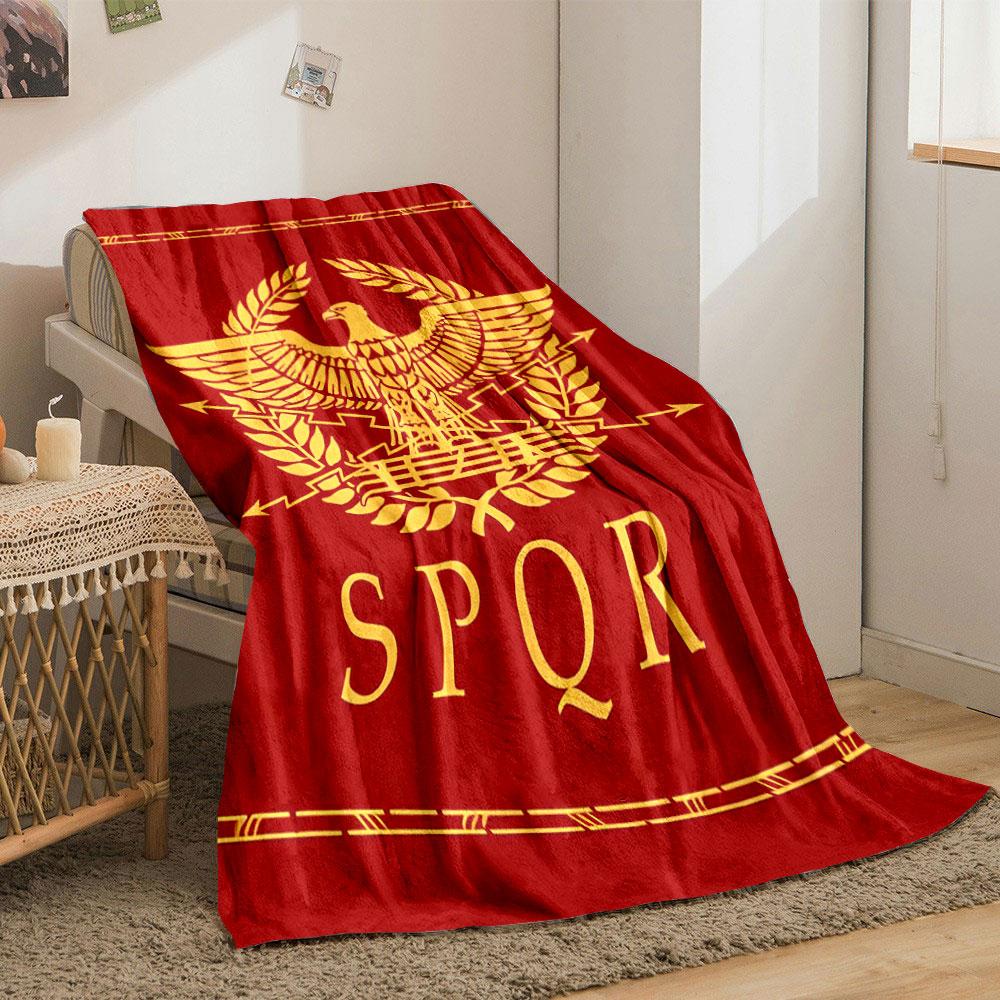 Golden eagle with laurel wreath on red background, SPQR lettering below. for all seasons blanket lunch break throw gift