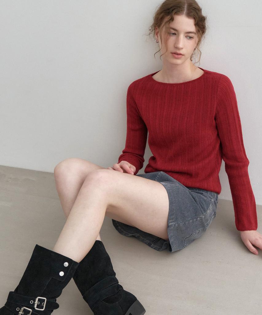 MONGDOL Boat Neck Alpaca Ribbed Knit Top Red Mdkt118Red