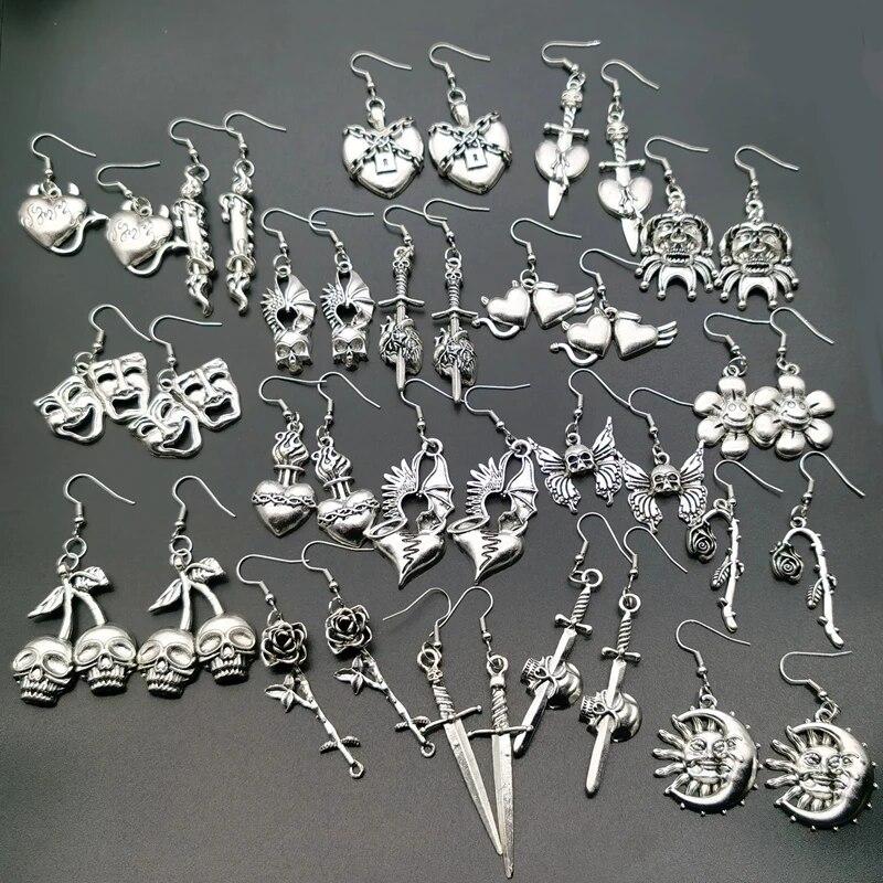 Металлические серьги-подвески в стиле панк-хип-хоп с бабочкой, черепом и цветком для мужчин и женщин, модные серьги в виде рок-креста, меча, сердца и пламени, ювелирные изделия