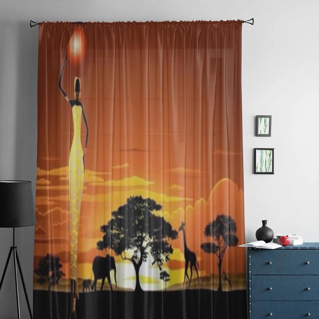 African Woman On Bright Savannah Sunset Tulle Sheer Curtains for Living Room Bedroom Kitchen Decoration Voile Organza Curtains