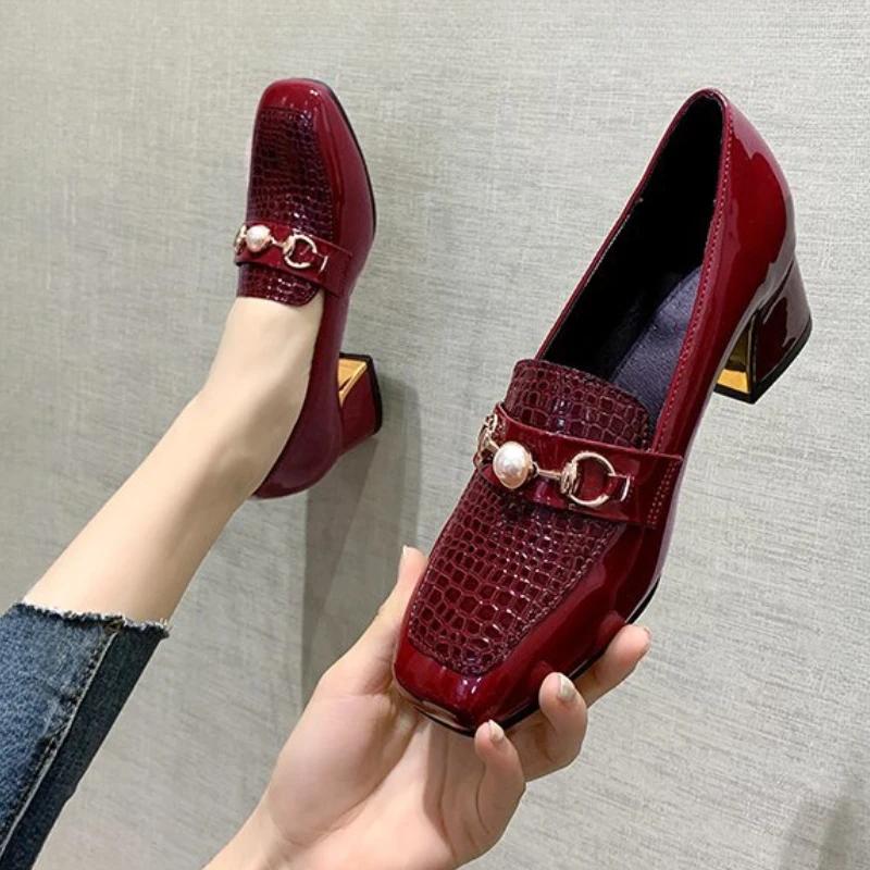Zapatos De Mujer Women Cute Round Toe Wine Red High Quality Office Square Heel Shoes Lady Casual Black Sexy Party Heels