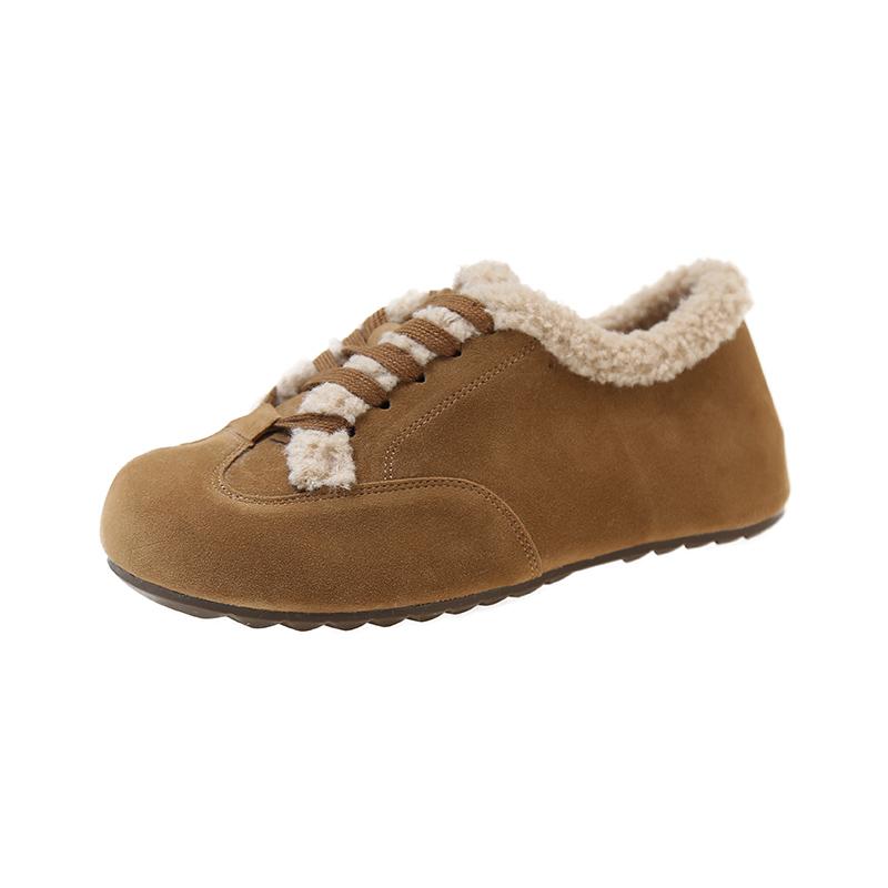 Модные женские модные плоские хлопковые ботинки Зимние новые с круглым носком Замшевые на шнуровке Мягкая подошва Нескользящие Низкие ботинки