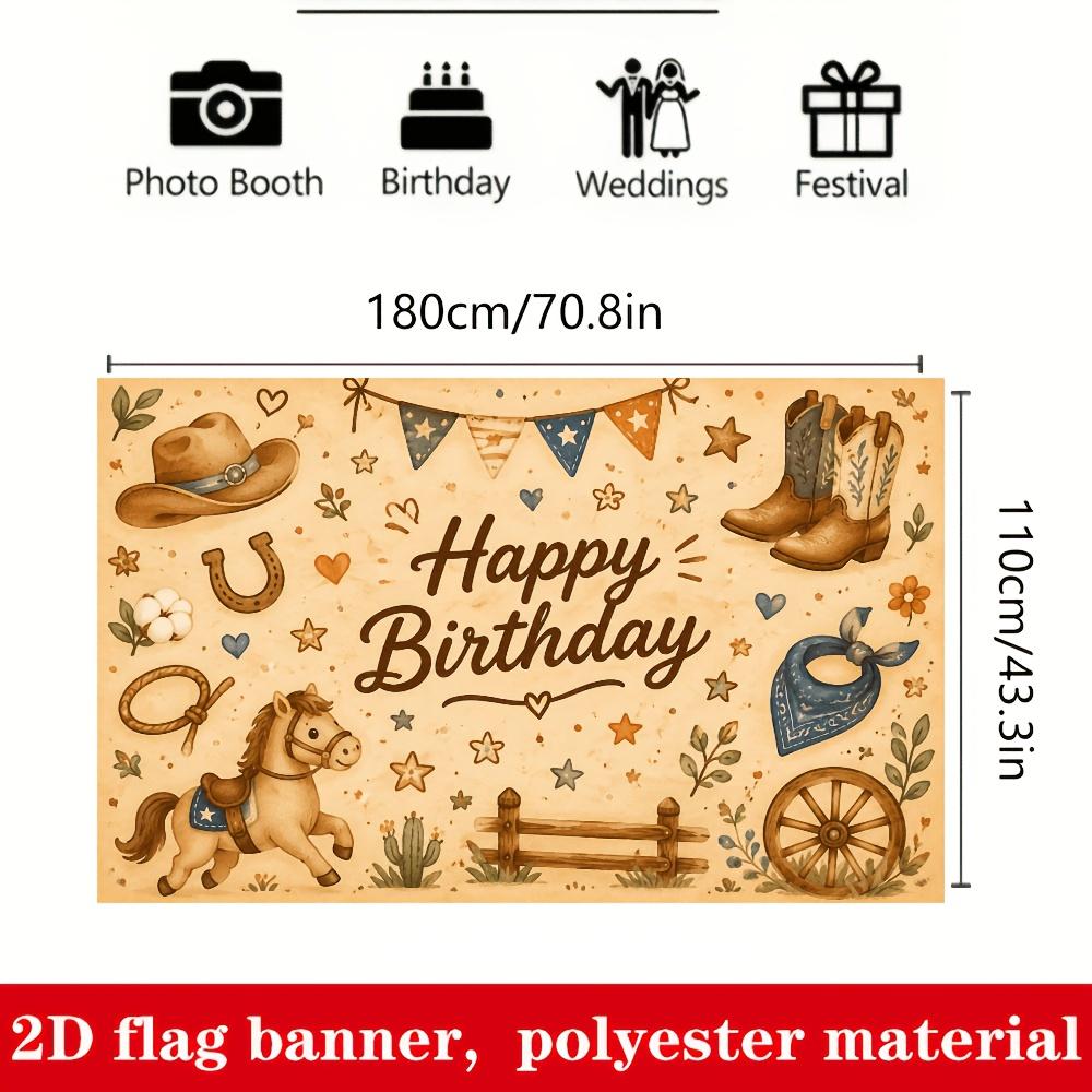 Western Cowboy Birthday Banner Backdrop, Cowboy Hat Boot Pony Cactus Wagon Wheel, Polyester, No Power, Party Decor