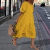 Women's Summer Midi Dress Short Lantern Sleeves Crew Neck Linen Dress Loose Casual Boho Beach Sundress