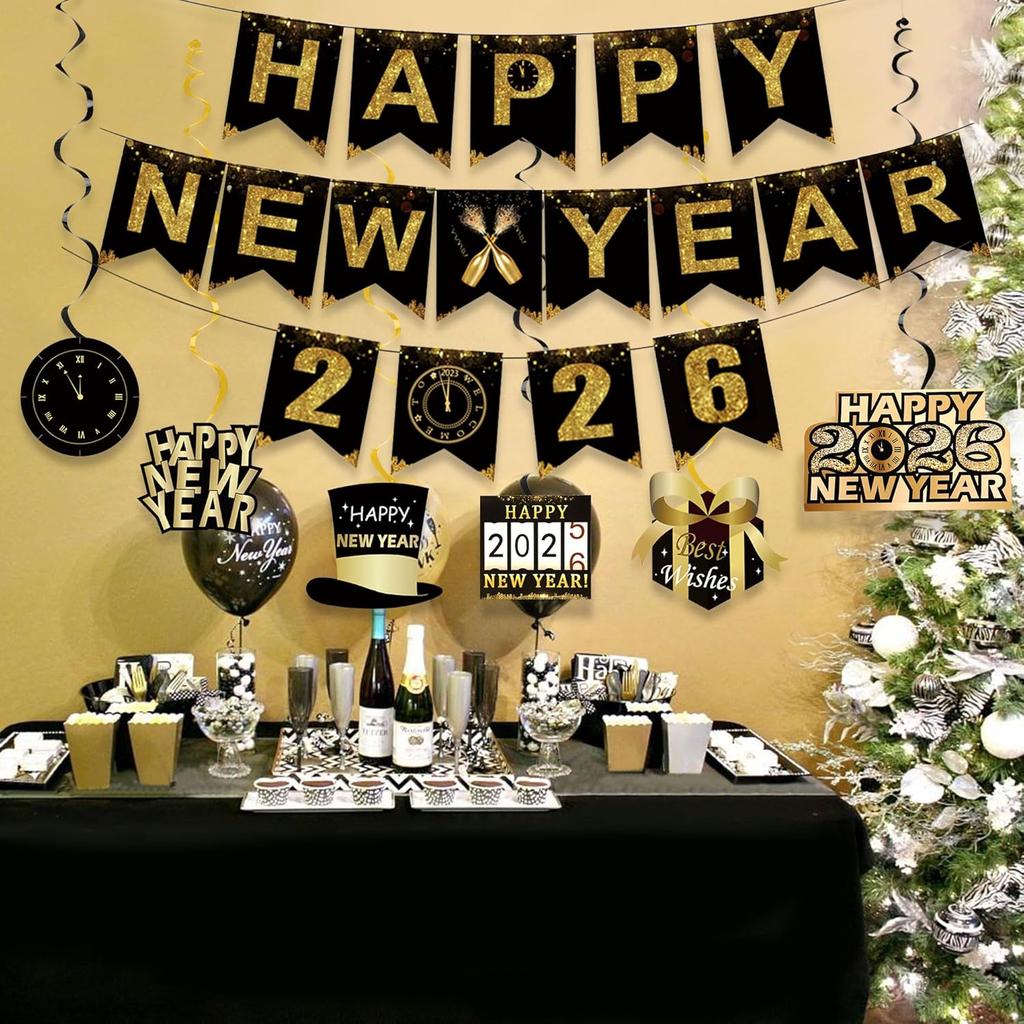 Lucleag 6Pcs New Year Hanging Swirls Decorations & Happy New Year 2026 Banner, Black Gold Hanging Decorations Banner for Ceiling Wall 2026 New Years