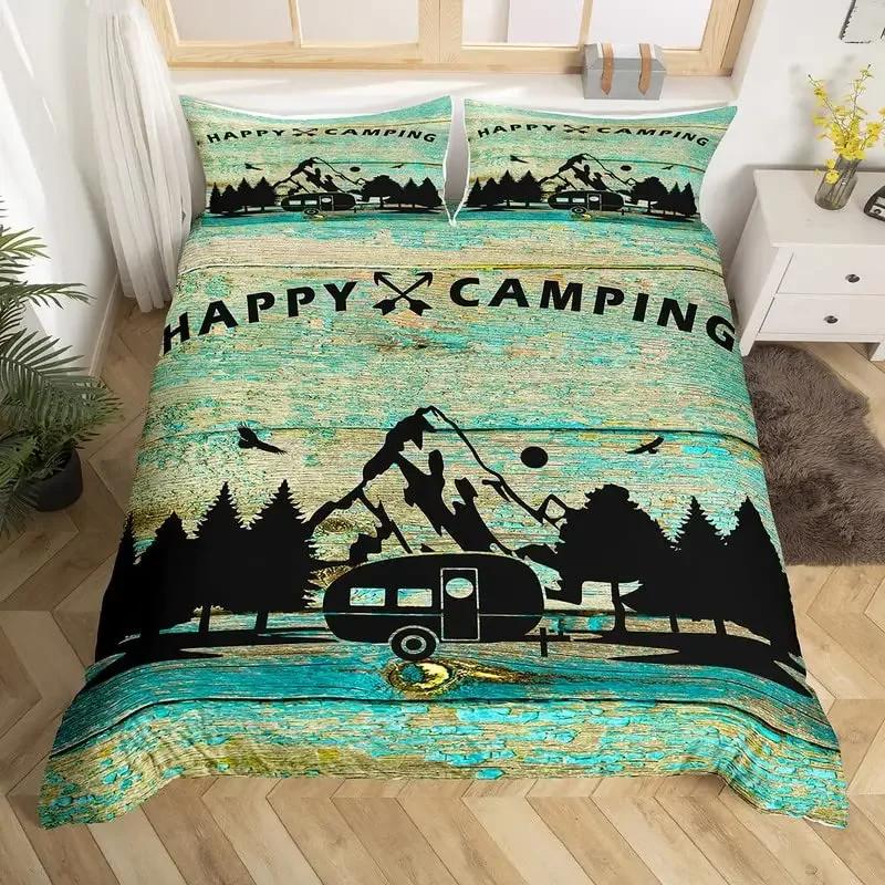 Camper Bedding Set Kids Happy Camping Duvet Cover Set Microfiber Rv Camping Quilt Cover Camper Accessories For Travel Trailers