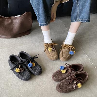 2025 новые туфли с круглым носком, на толстой подошве, матовые, на плоской подошве, для улицы, для通勤, с мягкой подошвой, женские одинарные туфли, шерстяные туфли