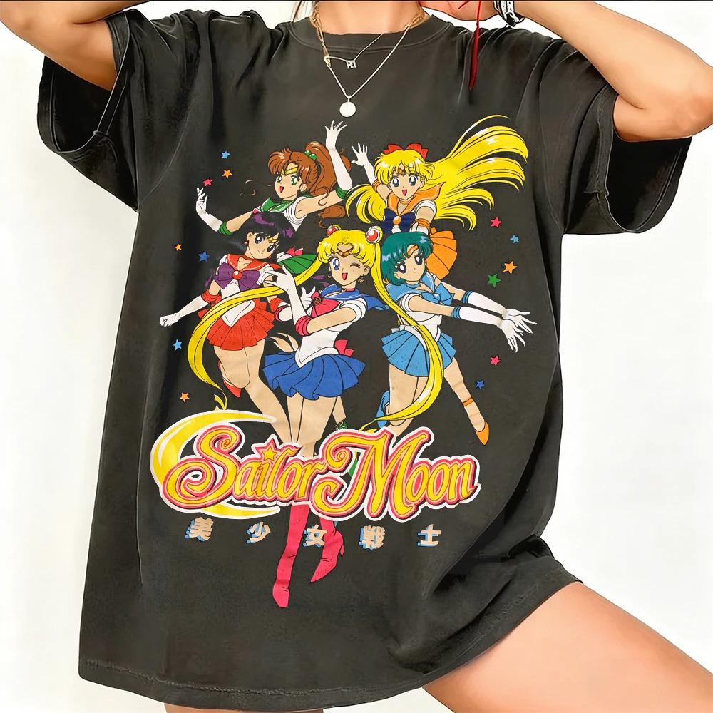 Sailor Moon Ретро 90-х Аниме Графическая Футболка Летняя Хлопковая Унисекс Женская Футболка Уличная Одежда Повседневный Тренд Короткий Рукав Пара Хип-Хоп Топ