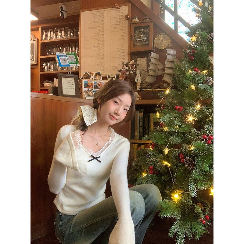 Женская рубашка из абрикосового кружева с V-образным вырезом и длинными рукавами из матового бархата с футболкой, новый стиль, осенне-зимний топ со складками на талии