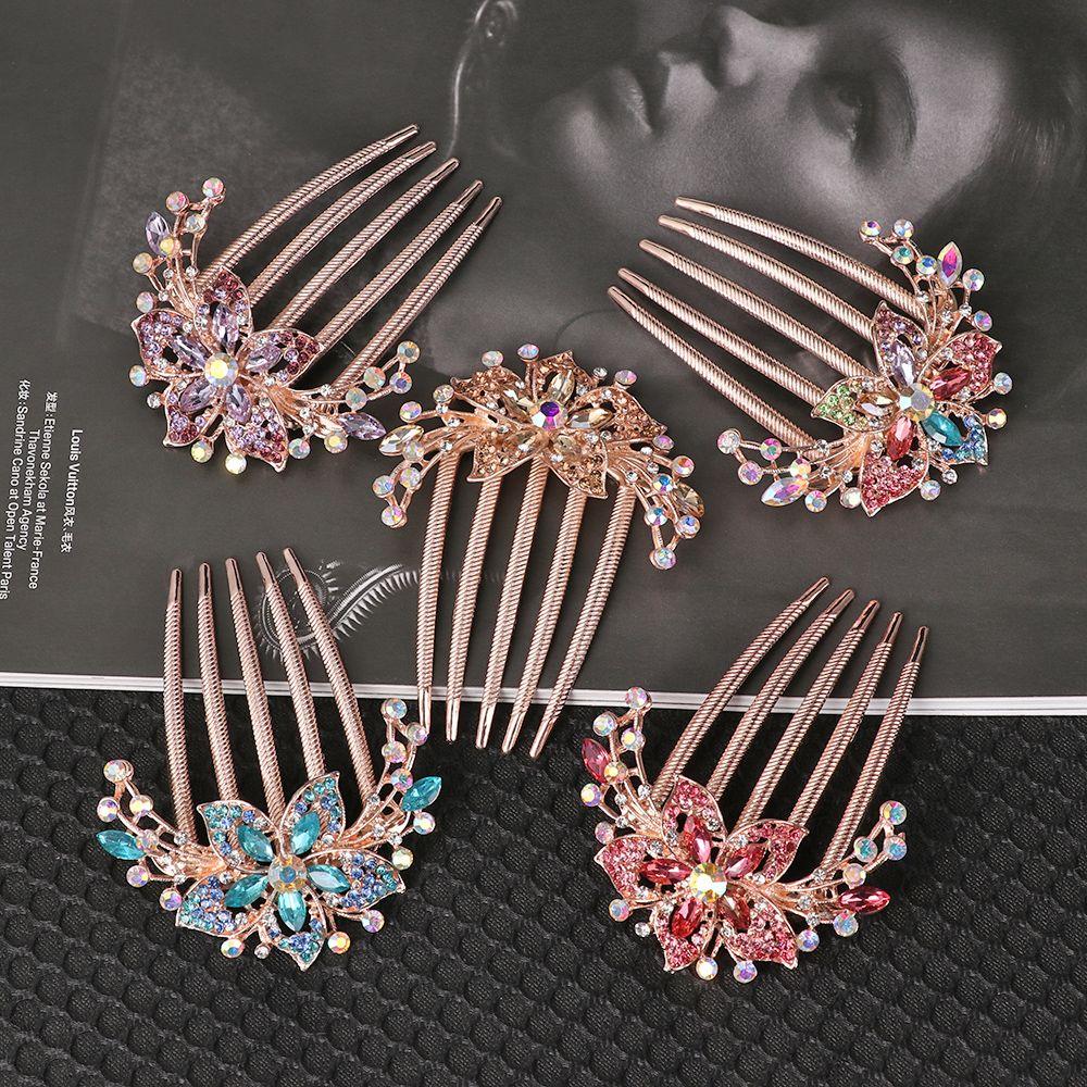 Luxury Elegant Hair Accessories Hairpin Inlaid Flower Shiny Rhinestone Hair Comb