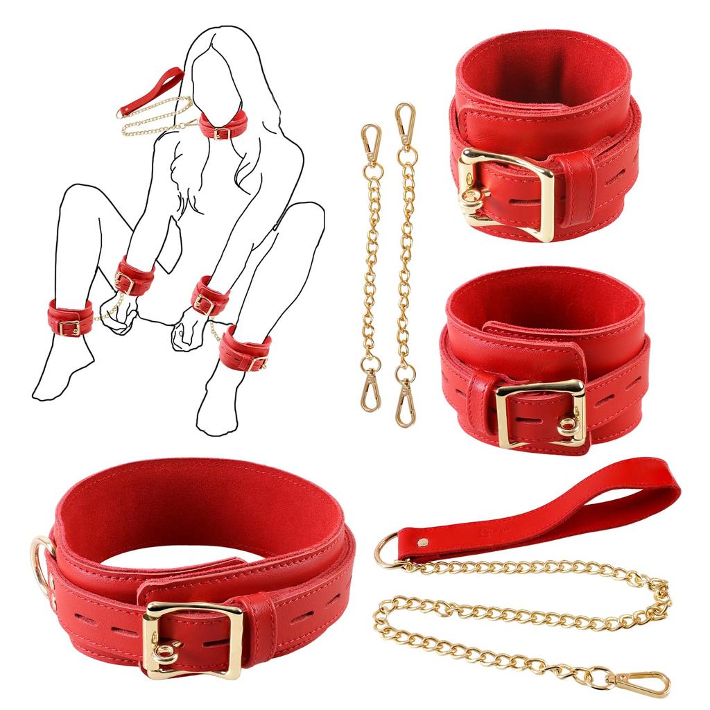 xinXbabe SM Restraints Leather Restraints Genuine Cow Hide SM Goods 3 Piece Set Collar with Lead Handcuffs Chains Restraints Adult Goods Passionate