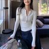 Абрикосовая футболка-henley с длинным рукавом женская облегающая базовая футболка Осень Новинка ранняя осень футболка