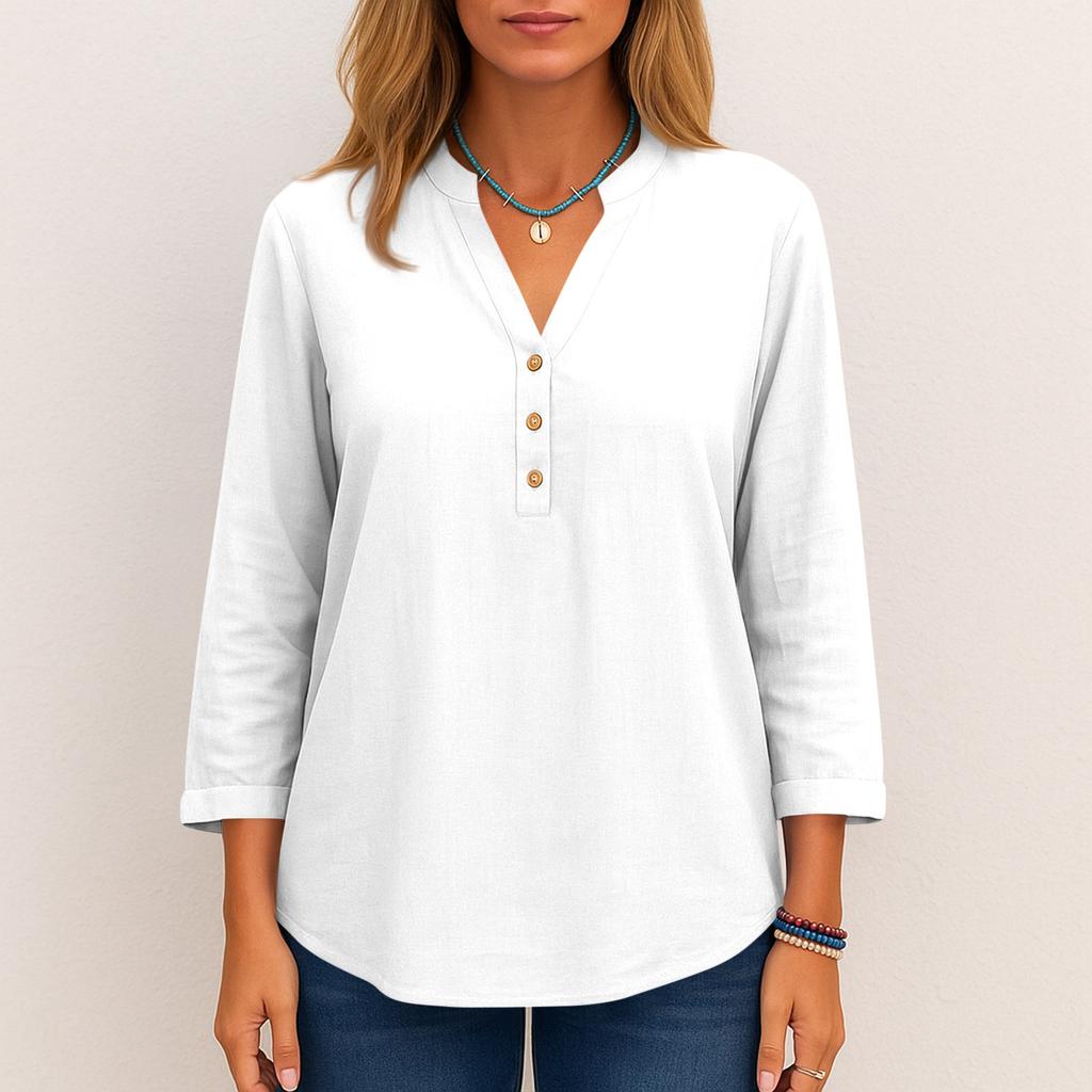 Women's Fashionable Solid Color V Neck Button Long Sleeved Casual Shirt Top