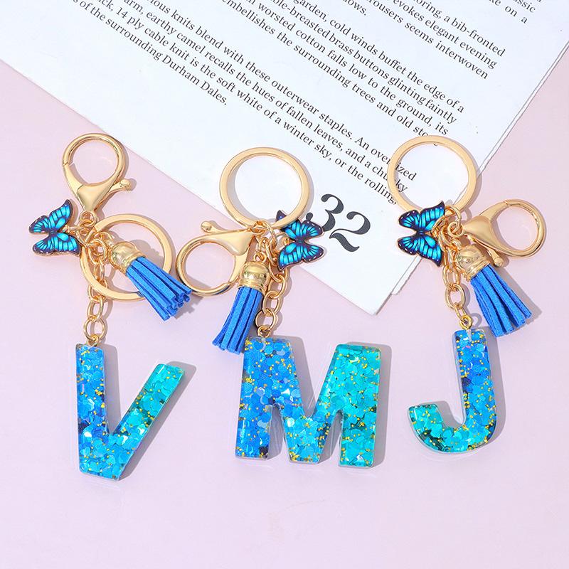 1 шт. Брелок с надписью для подвески на рюкзак, держатель для ключей, брелок с кисточкой, бабочка, милая градиентная смола, синий с пайетками