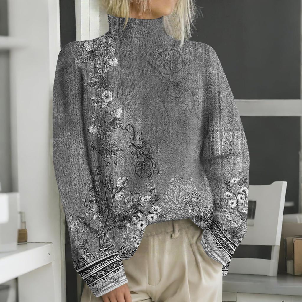 Женская мода повседневная с длинным рукавом и принтом, с высоким воротом, шерстяной трикотаж