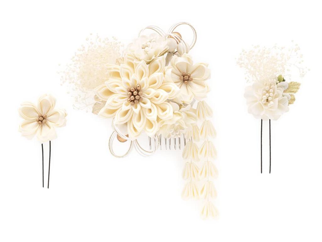 Hair Coming of Age Dried Tsumami 3 Piece Graduation Small Dangle A White [SOUBIEN] Ornament, Ceremony, Flowers, Crafts, Mizuhiki, Set, Furisode,