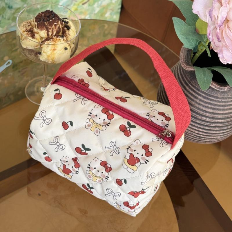 Cute Cherry Cat Cosmetic Bag Large Capacity Quilted Cotton Wash Bag Portable Hand Carry Cosmetics Storage Bag