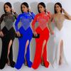 Women's European & American Fashion Slit Long Dress with Mesh and Hot Drilling Design