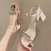 Туфли на высоком каблуке со стразами, однотонные, для женщин, 2024 г., новинка, открытый носок, толстые, женские летние сандалии со стразами и квадратной головкой