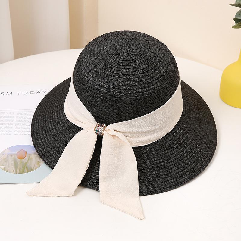 Женская широкополая соломенная шляпа от солнца с элегантным черным бантом, однотонная пляжная шляпа для летних путешествий, классическая защита от ультрафиолета на открытом воздухе