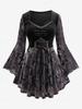Rosegal Plus Size Lace Trim Ruched Lace-up Flower Print Bell Sleeve T-shirt