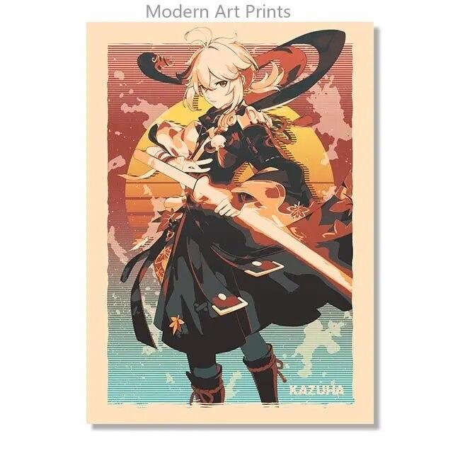Ретро Genshin Impact Ganyu Hutao игровой плакат печать на холсте настенные аниме фотографии домашний декор комнаты без рамки