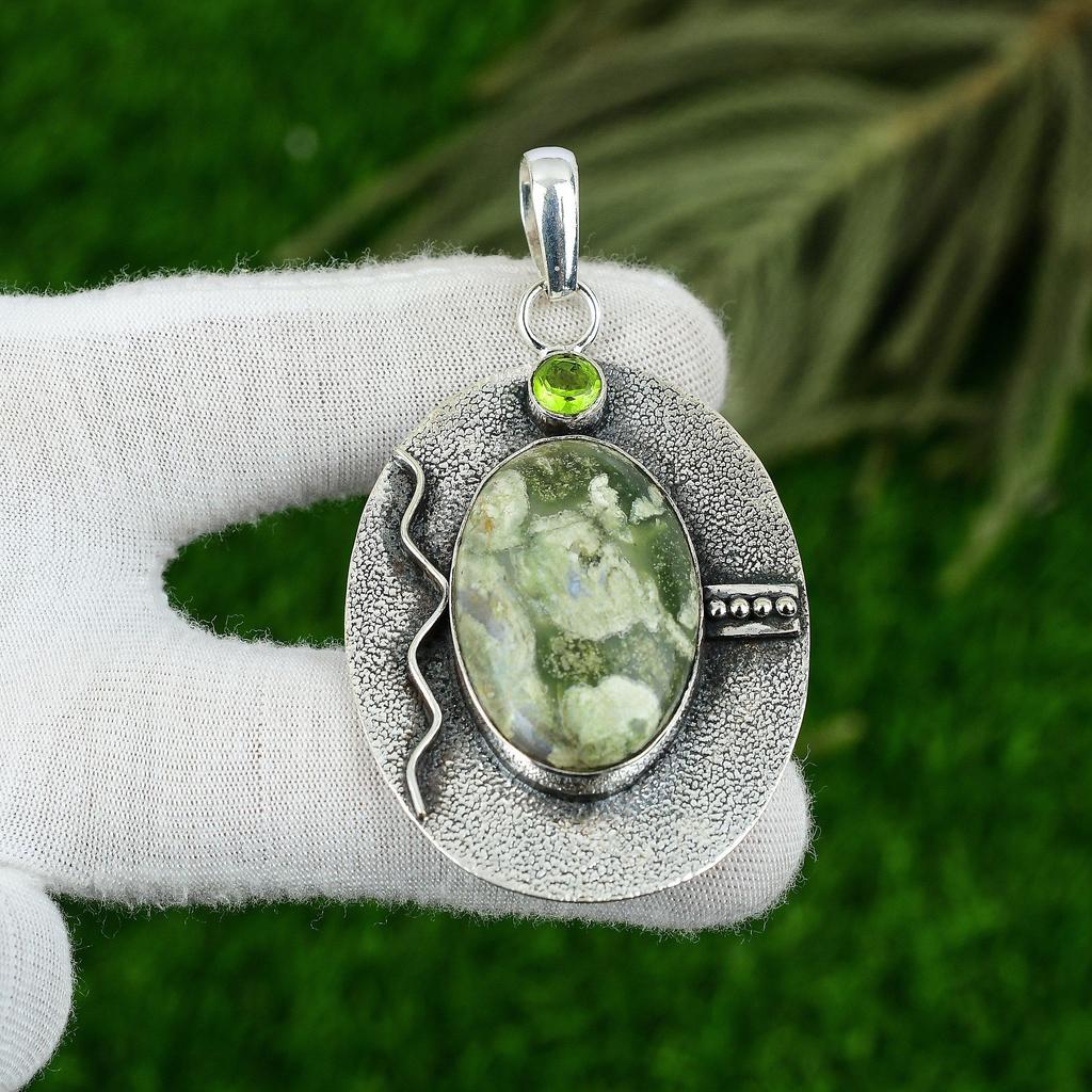 Овальный камень Яшма Тропического леса Перидот Жена Безель Подвеска Ювелирные изделия Стерлинговое серебро
