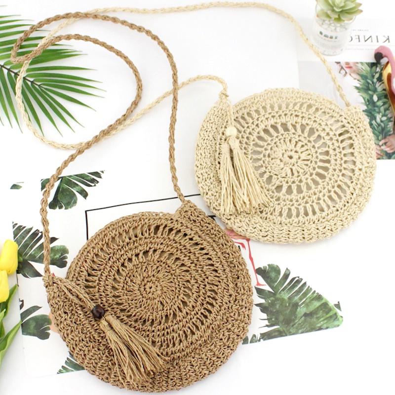 Yogodlns Round Soft Paper Rope Shoulder Bag Tassel Handmade Crossbody Bags Straw Bag Circle