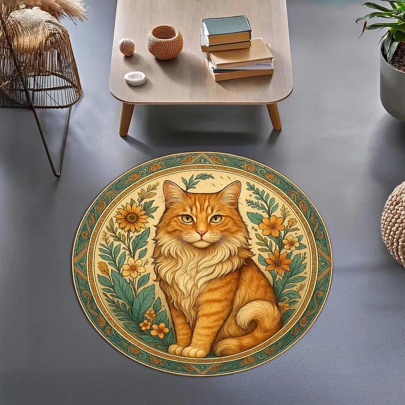 Круглый ковер для кошки Винтажный узор подсолнуха Подарок для любителя кошек Мандала Богемный стиль Ковер для гостиной спальни