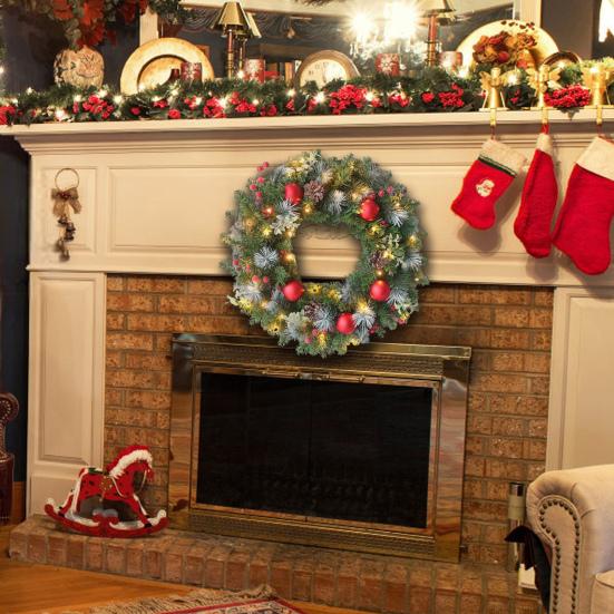 Рождественский венок из искусственных сосновых иголок с гирляндами Рождественский венок с ягодами из искусственной шишки для