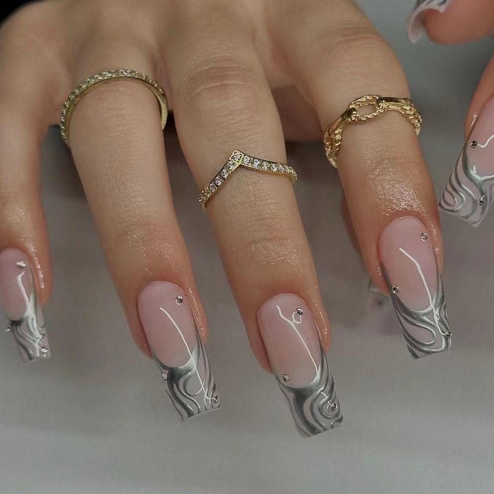 Длинные французские накладные ногти с квадратной головкой, съемные накладные ногти балерины для женщин