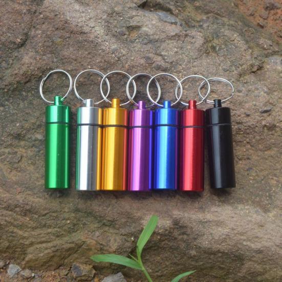 Portable Sealed Jar Keychain Screw Lid Aluminum Alloy Waterproof Flat Bottom Hanging Mini Tablet Pill Storage Bottle Container Holder Key Ring