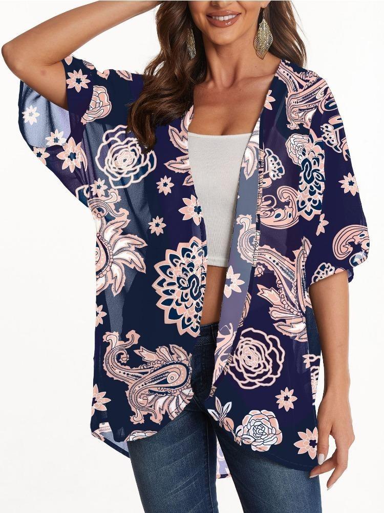 Women Printed Chiffon Sunscreen Cover Cardigan Top