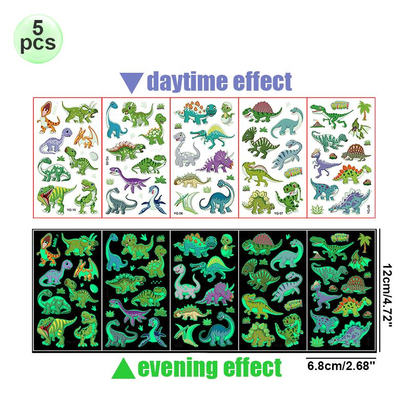 5pcs Luminous Dinosaur Temporary Tattoos Cartoon Glow Sticker Jurassic Dinosaur for Kids Dino Birthday Party Favors Gifts Goodie