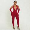 J25Jp466 European and American New Cross-Border Women's Fashion Sexy Solid Color Elegant Halter Neck Slim Fit Deep V-Neck Backless Jumpsuit