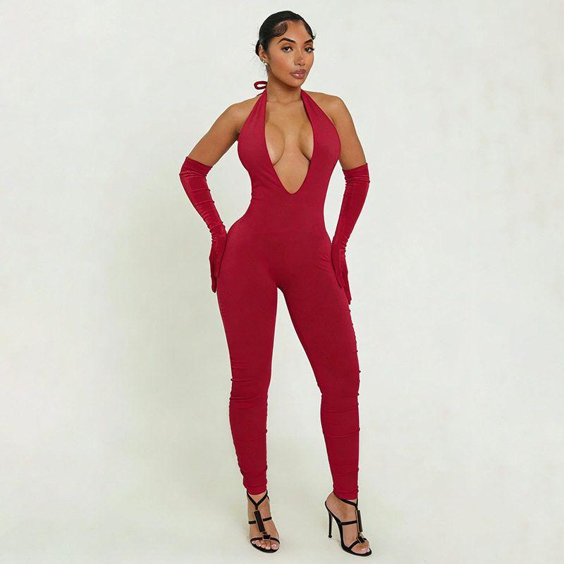 J25Jp466 European and American New Cross-Border Women's Fashion Sexy Solid Color Elegant Halter Neck Slim Fit Deep V-Neck Backless Jumpsuit