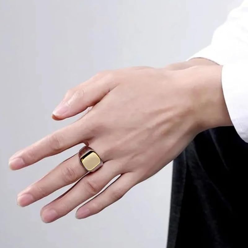 [N-Style] Seal Stand Ring Ring Stainless Square Thick Wide Rugged Larger Simple Men's Gold Silver Fashionable Cool (gold, 26)