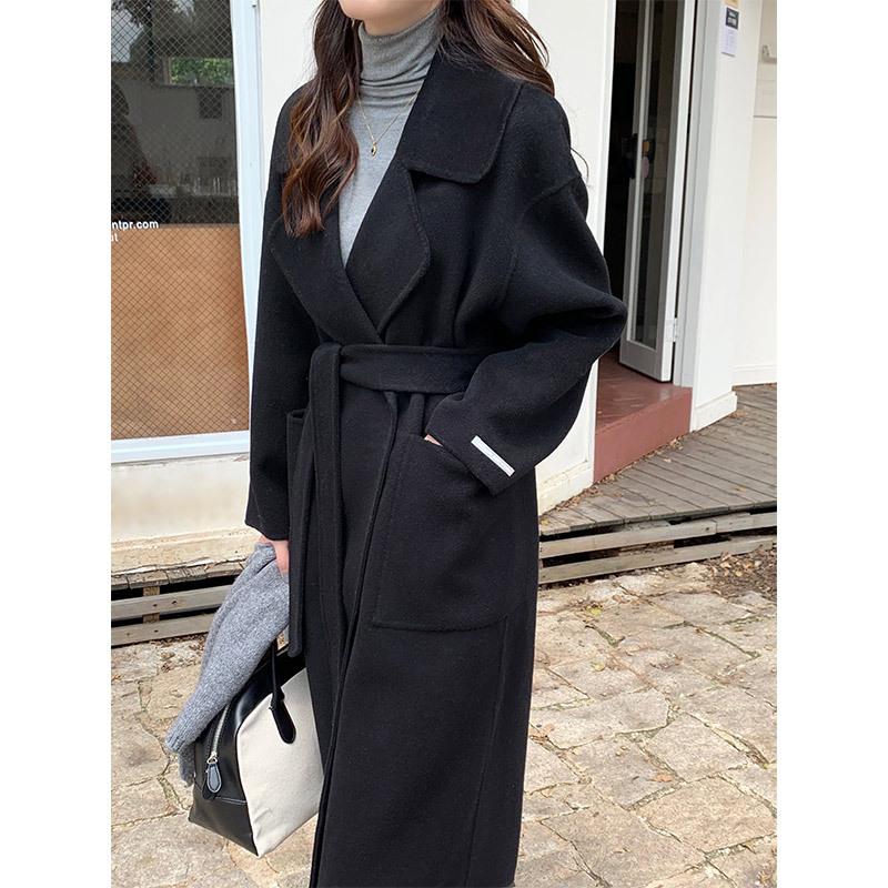 Suit Collar with Hidden Buttons Double-sided Hand-sewn Cashmere Coat Women's Loose and Versatile Commuter Premium Woolen Coat