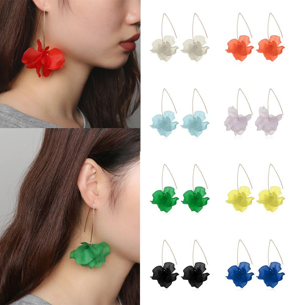 Fashion Women Jewelry Long Drop Bohemia Hook Resin Petal Dangle Stud Flower Earrings