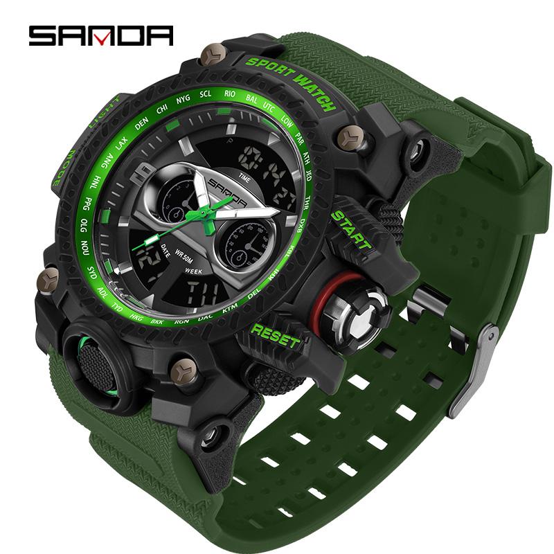 SANDA G Style Новые мужские часы 50M Водонепроницаемые Спортивные Военные Кварцевые часы Для мужчин Светодиодные Цифровые Электронные Наручные часы Часы