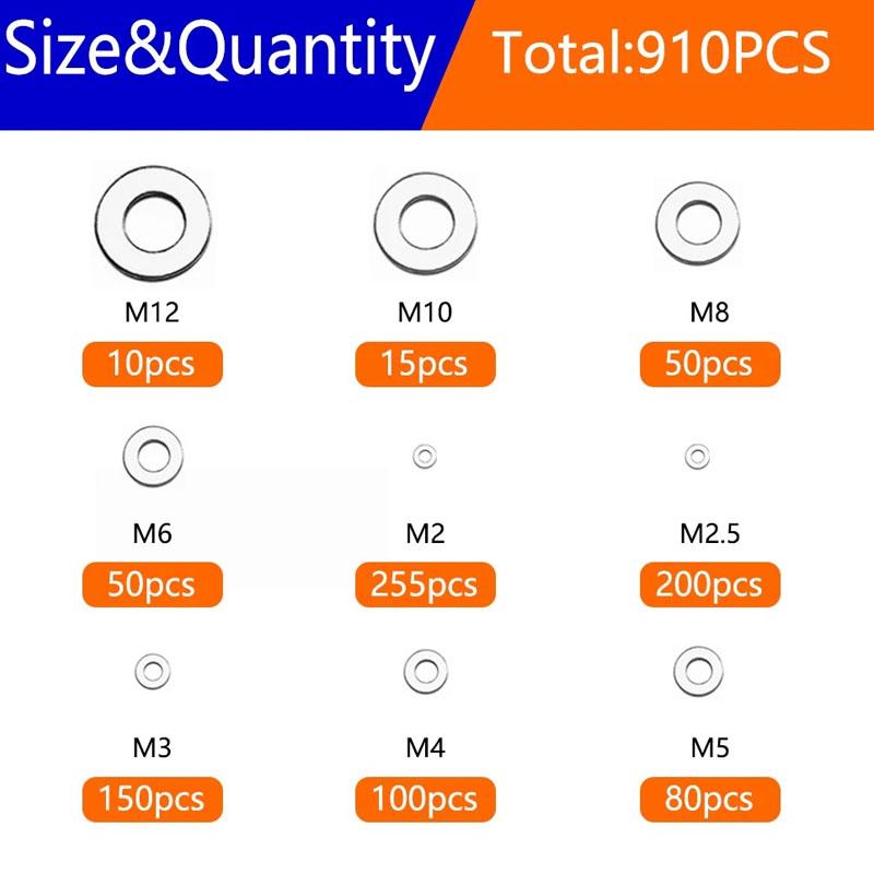 910/200pcs 304 Stainless Steel Flat Washers Assortment Kit (M2 M2.5 M3 M4 M5 M6 M8 M10 M12) Suitable for Home Decoration