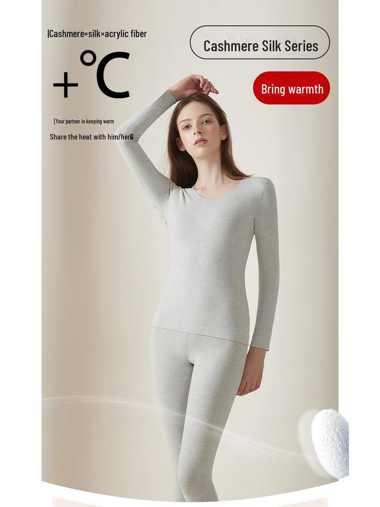 Женский комплект термобелья из шелка и кашемира: Бесшовный, плотный и теплый для осени и зимы.