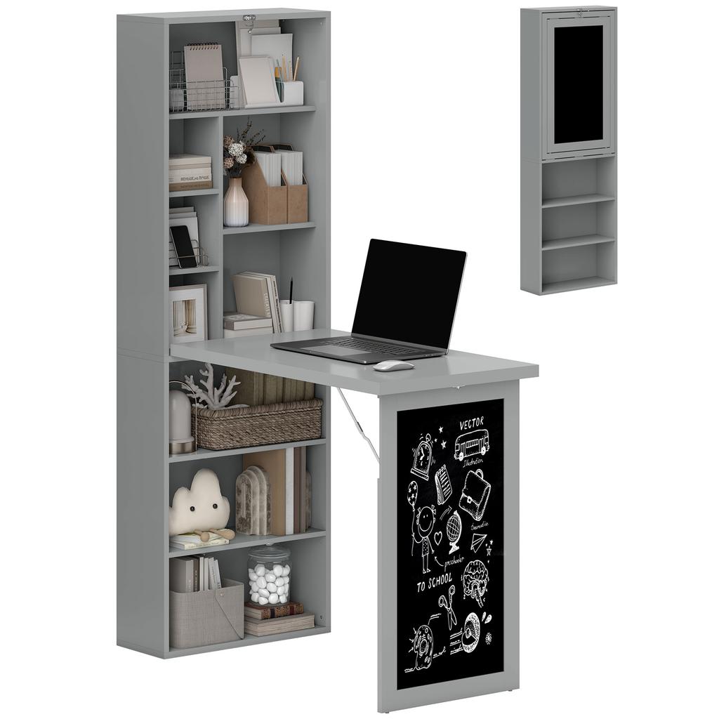 Folding Convertible Desk With Blackboard Multi Function Computer Office Workstation Side Shelf For Home Office Grey