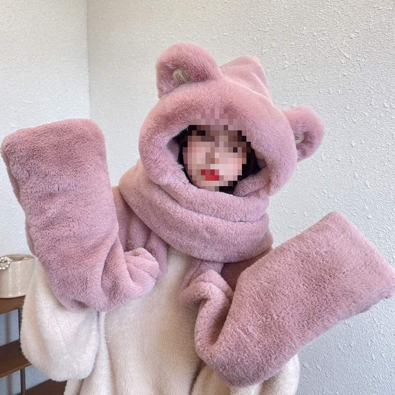 Женский набор: милый шарф-капюшон с мишкой: Плюшевая шапка, шарф и перчатки на зиму