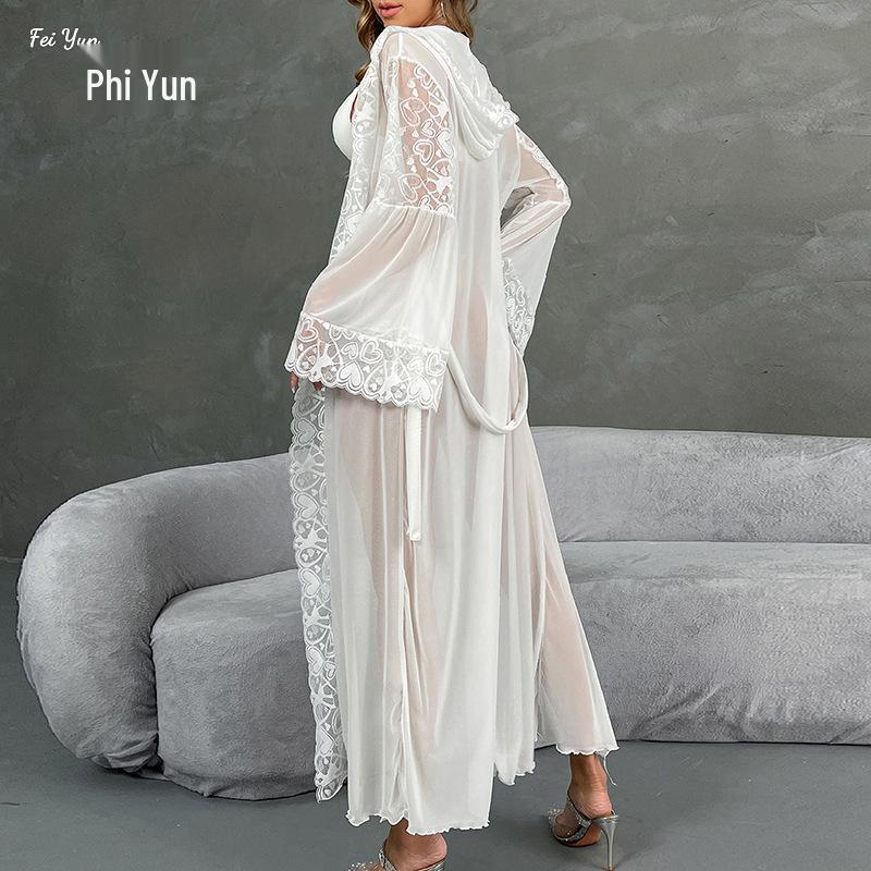 Сексуальный сетчатый халат с капюшоном и кружевной отделкой, нижнее белье с поясом