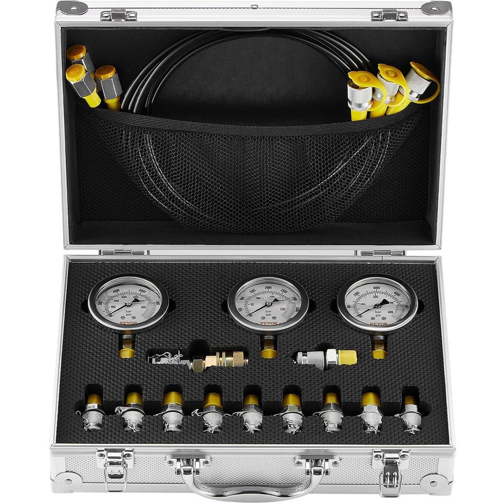 Hydraulic Pressure Test Kit, 250/400/600bar, 3 Gauges 11 Test Couplings 3 Test Hoses, Excavator Hydraulic Test Gauge Set with Portable Carrying Case