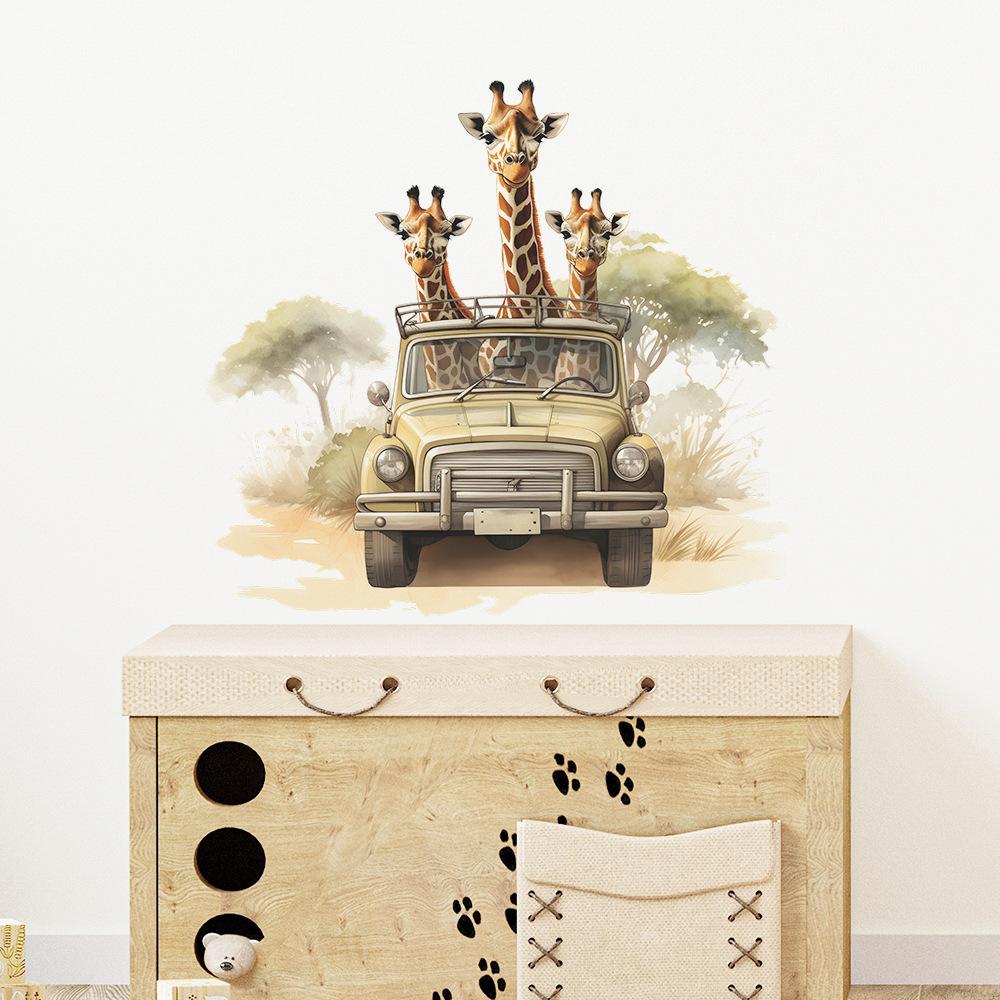 Мультфильм Три жирафа Автомобиль Детская Спальня Гостиная Украшения Стены Наклейки На Стены